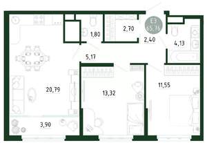 2-к квартира, строящийся дом, 66м2, 24/25 этаж