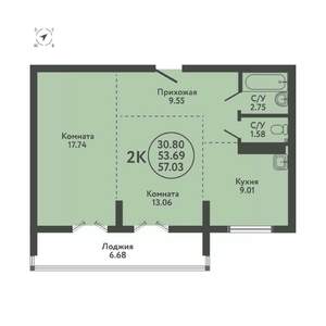 2-к квартира, строящийся дом, 57м2, 7/9 этаж