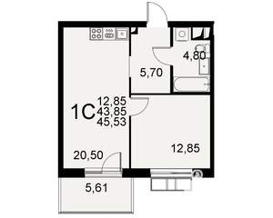 1-к квартира, строящийся дом, 44м2, 2/11 этаж