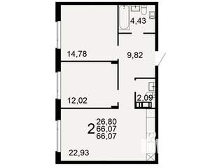 2-к квартира, строящийся дом, 66м2, 4/9 этаж