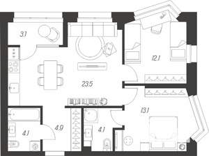 2-к квартира, строящийся дом, 66м2, 4/24 этаж