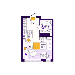 Студия квартира, вторичка, 26м2, 8/12 этаж