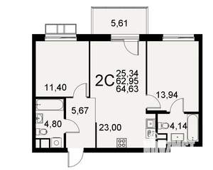 2-к квартира, строящийся дом, 63м2, 7/11 этаж