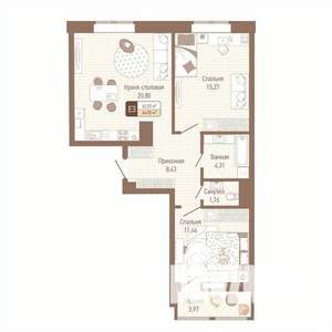 2-к квартира, строящийся дом, 64м2, 2/14 этаж