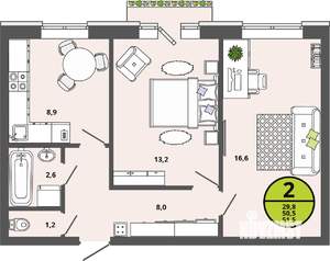 2-к квартира, строящийся дом, 51м2, 2/3 этаж