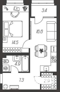 1-к квартира, строящийся дом, 50м2, 19/24 этаж