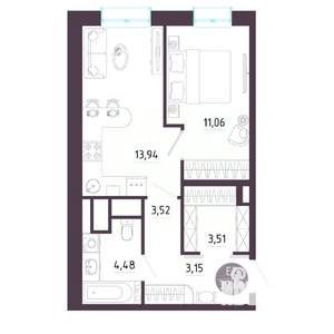 1-к квартира, строящийся дом, 40м2, 7/10 этаж