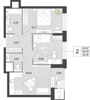 2-к квартира, вторичка, 59м2, 15/21 этаж