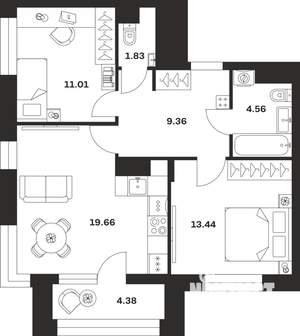 2-к квартира, вторичка, 64м2, 12/13 этаж