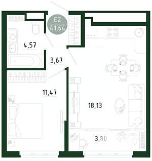 1-к квартира, строящийся дом, 42м2, 9/25 этаж