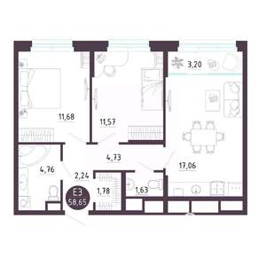 2-к квартира, строящийся дом, 59м2, 10/10 этаж