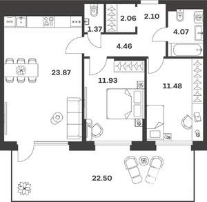 2-к квартира, вторичка, 68м2, 1/10 этаж