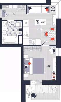 2-к квартира, строящийся дом, 43м2, 9/14 этаж