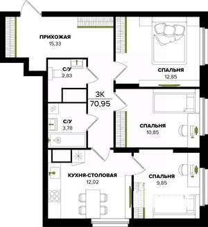 3-к квартира, вторичка, 71м2, 6/25 этаж