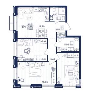 3-к квартира, строящийся дом, 76м2, 2/15 этаж
