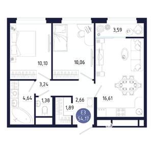 2-к квартира, строящийся дом, 54м2, 22/25 этаж