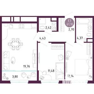 2-к квартира, вторичка, 61м2, 8/10 этаж