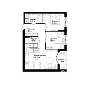 2-к квартира, строящийся дом, 71м2, 25/25 этаж