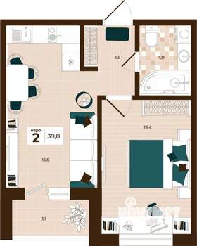 2-к квартира, строящийся дом, 40м2, 10/14 этаж