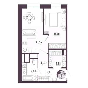 1-к квартира, строящийся дом, 40м2, 6/10 этаж
