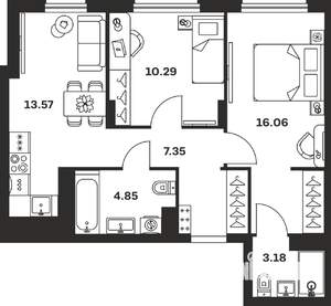 2-к квартира, вторичка, 55м2, 1/15 этаж