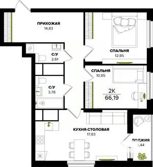 2-к квартира, строящийся дом, 66м2, 20/25 этаж