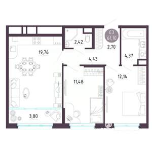 2-к квартира, вторичка, 61м2, 7/10 этаж