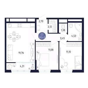 2-к квартира, строящийся дом, 60м2, 22/25 этаж