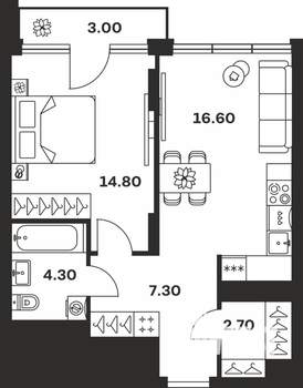 1-к квартира, вторичка, 49м2, 2/9 этаж
