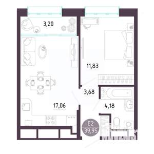 1-к квартира, строящийся дом, 40м2, 3/10 этаж