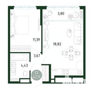 1-к квартира, строящийся дом, 42м2, 13/25 этаж