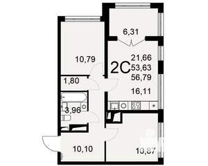 2-к квартира, вторичка, 57м2, 17/25 этаж