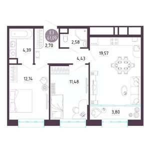 2-к квартира, вторичка, 61м2, 4/10 этаж