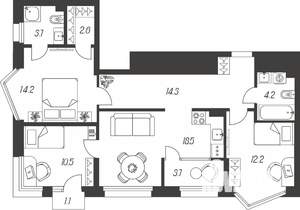 3-к квартира, строящийся дом, 85м2, 6/24 этаж