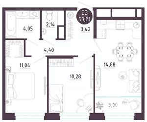 2-к квартира, вторичка, 53м2, 10/10 этаж