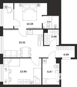 2-к квартира, строящийся дом, 61м2, 1/25 этаж
