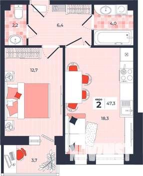 2-к квартира, строящийся дом, 47м2, 2/14 этаж