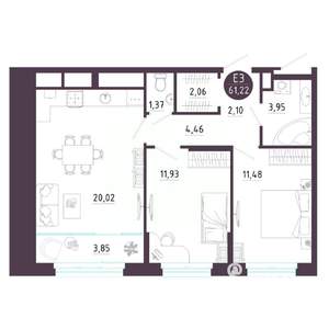 2-к квартира, строящийся дом, 61м2, 6/10 этаж
