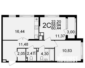 2-к квартира, строящийся дом, 59м2, 2/20 этаж