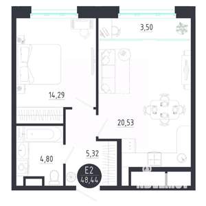 1-к квартира, строящийся дом, 48м2, 7/8 этаж