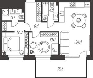 3-к квартира, строящийся дом, 68м2, 1/24 этаж