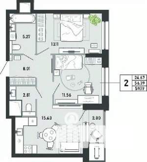 2-к квартира, вторичка, 59м2, 8/21 этаж