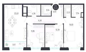 3-к квартира, строящийся дом, 92м2, 7/8 этаж