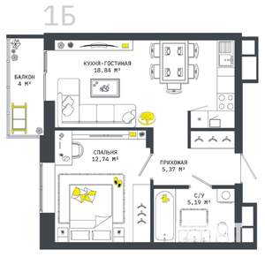 1-к квартира, вторичка, 46м2, 4/25 этаж