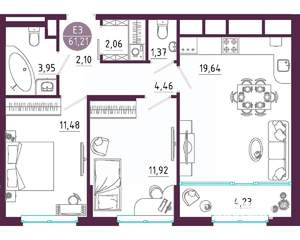 2-к квартира, вторичка, 61м2, 5/10 этаж