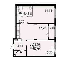 2-к квартира, строящийся дом, 62м2, 9/9 этаж
