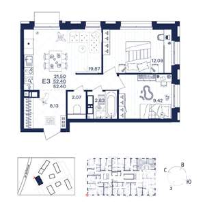 2-к квартира, строящийся дом, 52м2, 11/15 этаж