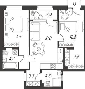 3-к квартира, строящийся дом, 71м2, 14/24 этаж