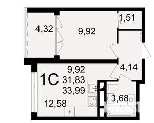 1-к квартира, строящийся дом, 32м2, 15/18 этаж
