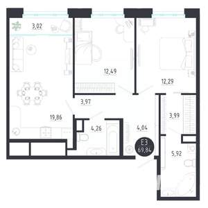 2-к квартира, строящийся дом, 70м2, 7/8 этаж